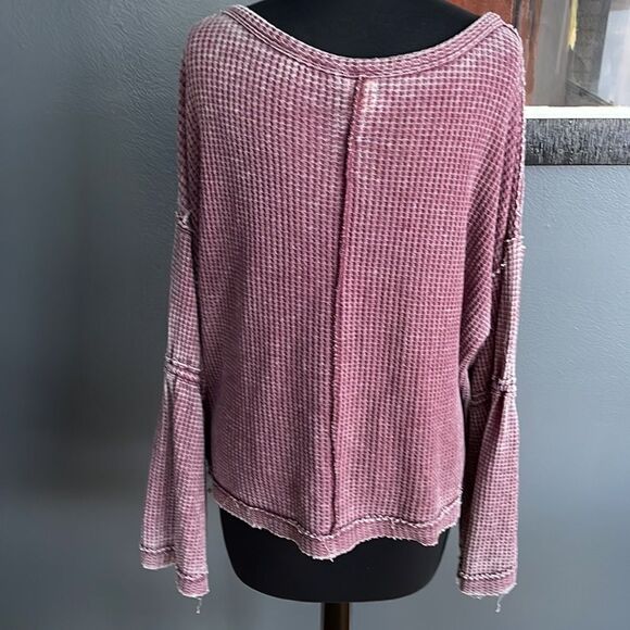 We The Free beet tone burnout sunwashed thermal bell sleeve split neckline top. - Picture 8 of 9